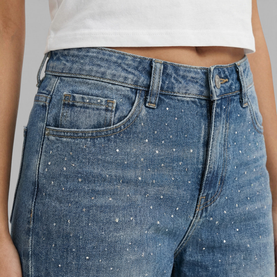 Jean Droit Taille Haute Strass Femme
