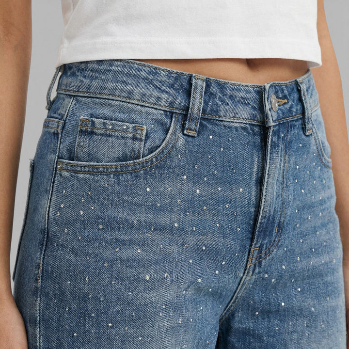 Jean Droit Taille Haute Strass Femme