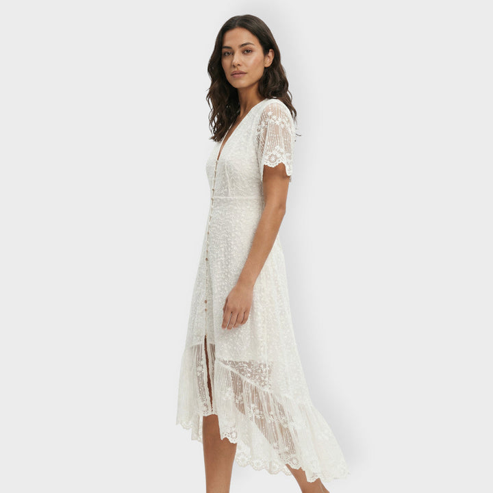 Robe Blanche Boutons Dentelle Femme