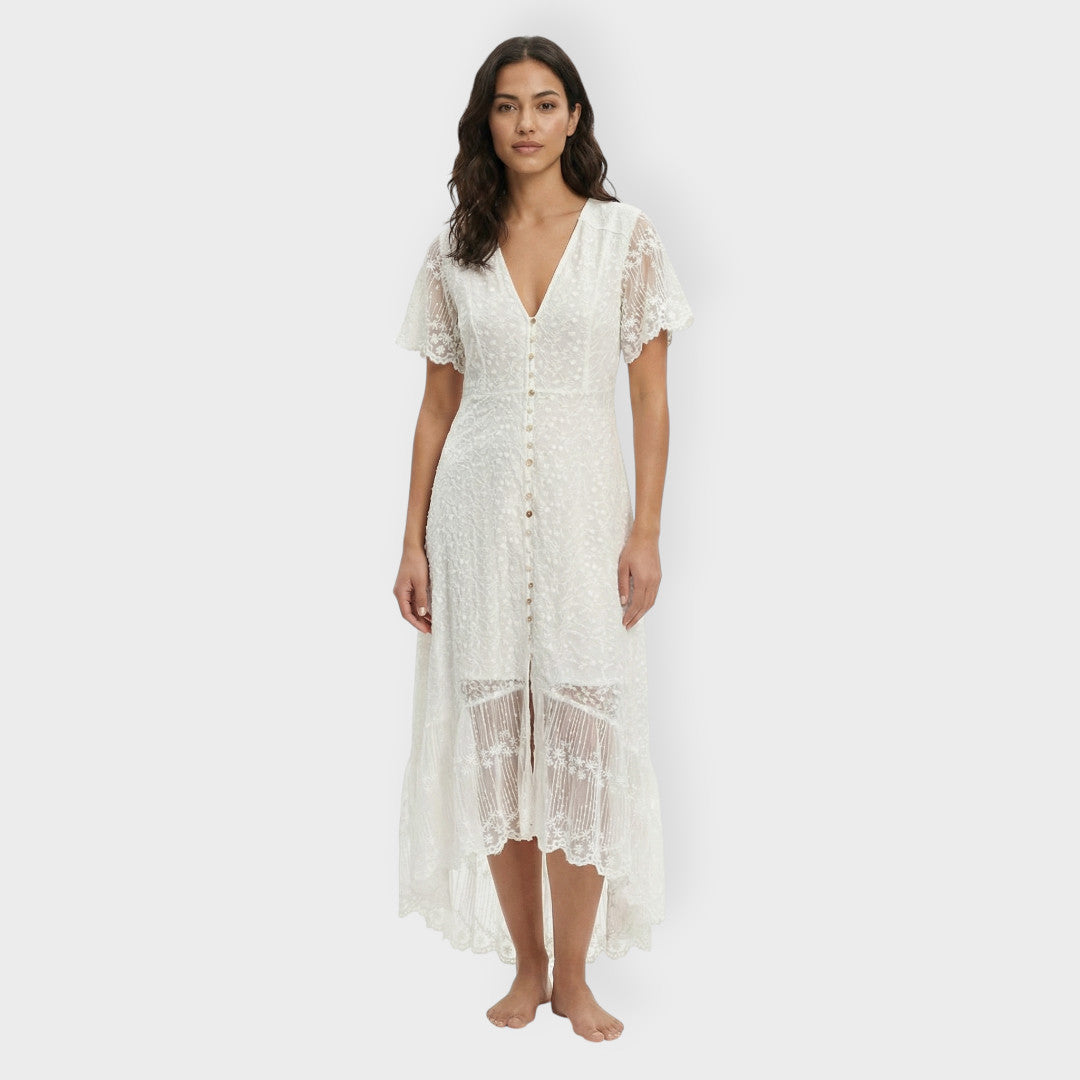 Robe Blanche Boutons Dentelle Femme