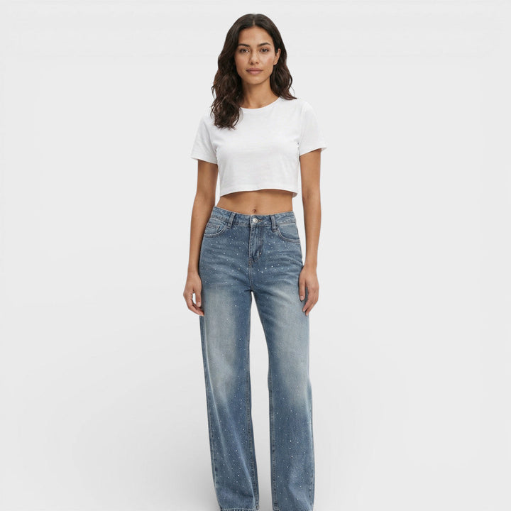 Jean Droit Taille Haute Strass Femme