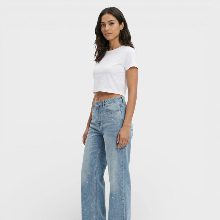 Jean Droit Taille Haute Strass Femme