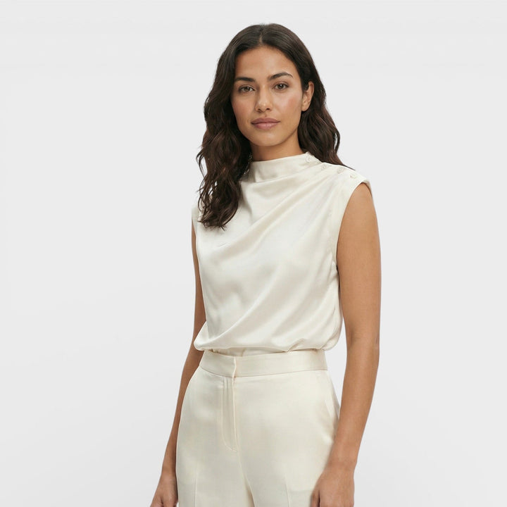 Blouse Satin Drapée Col Mao Femme