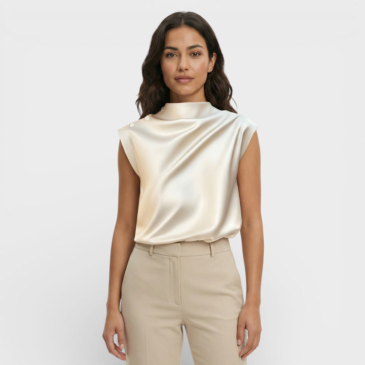 Blouse Satin Drapée Col Mao Femme
