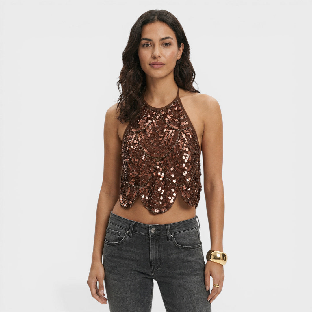 Top Halter Paillettes Femme Soirée