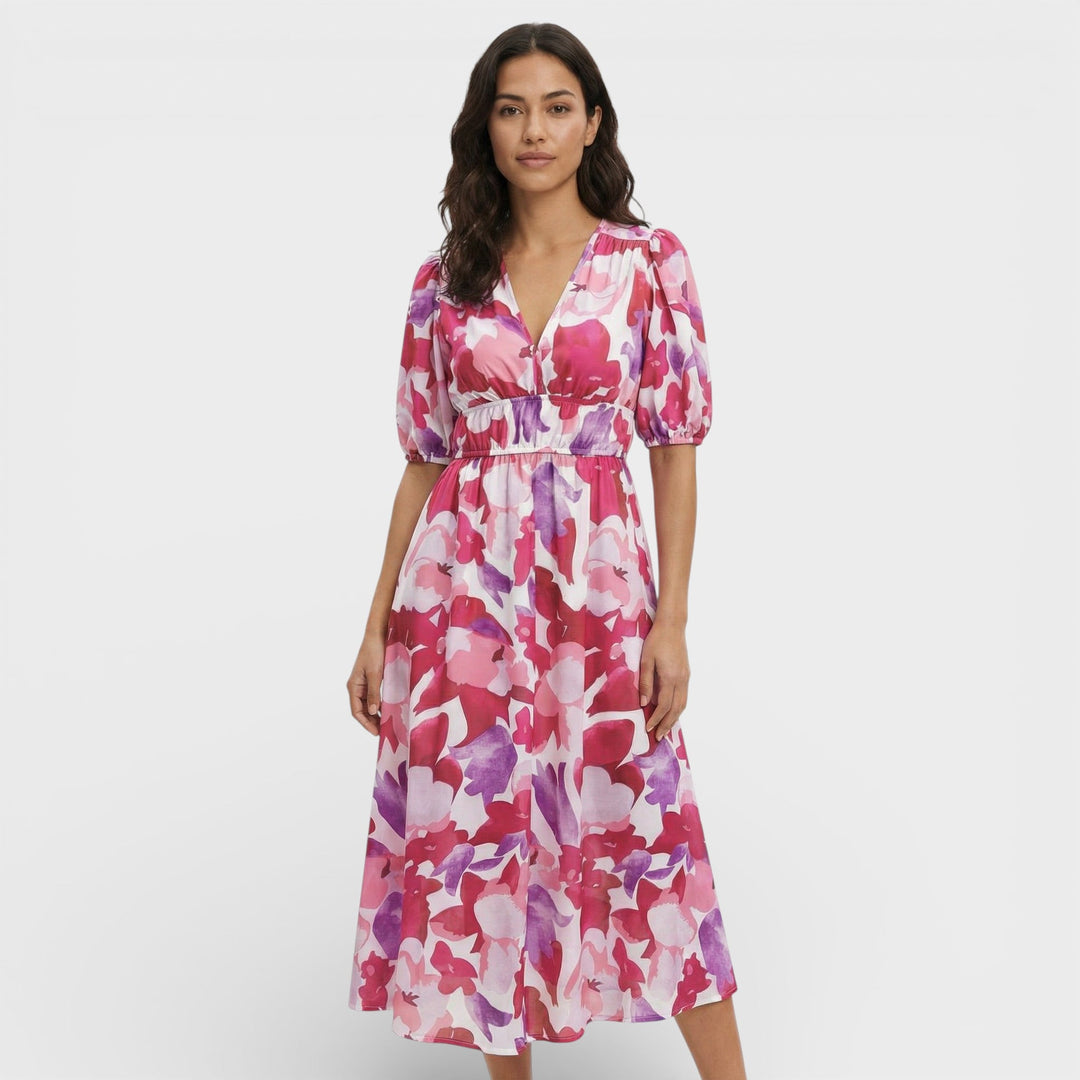 Robe Midi Florale Manches Bouffantes