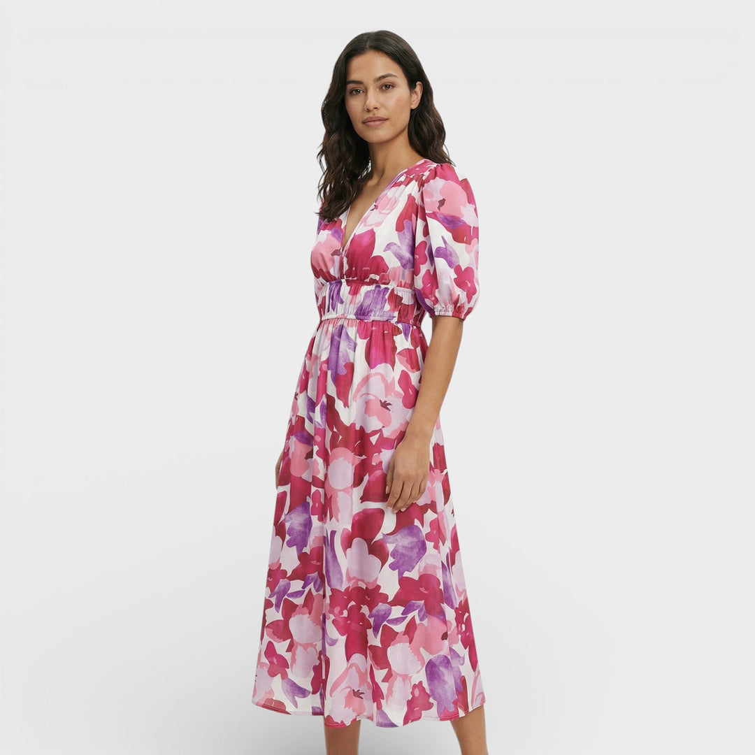Robe Midi Florale Manches Bouffantes