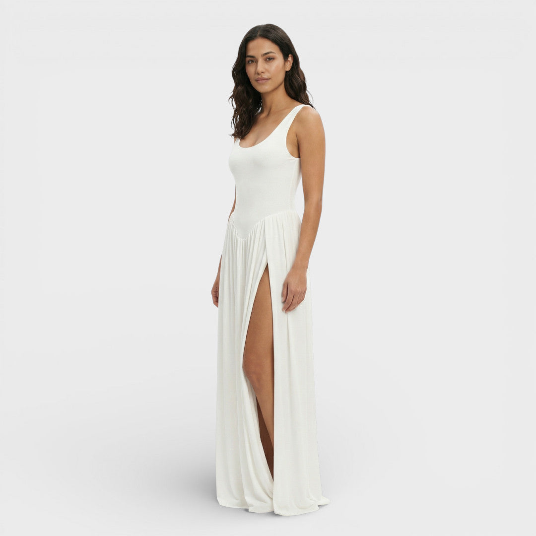 Robe Longue Drapée Sculpturale Blanche